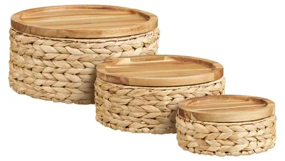 Produktbild von Set aus 3 Botofte Körben aus natürlicher Wasserhyazinthe mit Holzdeckel — ø20, ø26 und ø30 cm