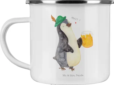 Produktbild von Mr. & Mrs. Panda Emaille Tasse Pinguin Bier - Weiß - Geschenk, metallbecher, , Beschwippst, Teetasse, becher, Reisebecher, Pinguine, Pott