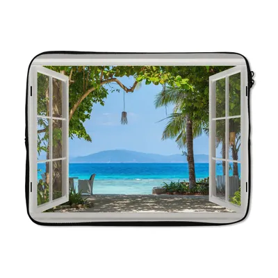 Produktbild von MuchoWow® Laptop Hülle 15 Zoll Aussicht - Baum - Meer - Palme - Hügel - Strand - Blau Laptoptasche - Laptoptasche - Sleeve - Rundum-Schutz