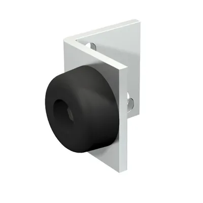 A 3D render of a door stopper with a silver L-shaped bracket and a black rubber stopper.