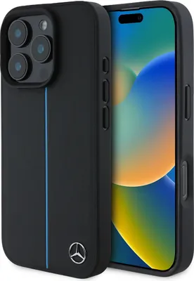 A black iPhone case with a blue stripe and a Mercedes-Benz logo is shown next to an iPhone displaying a colorful wallpaper.