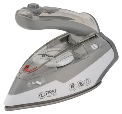 Immagine prodotto di TZS First Austria - Ferro da stiro a vapore da viaggio, Pieghevole, 750g, Stiratura a vapore verticale, 110V/240V, Regolazione della temperatura, incl. set di accessori, Piastra in ceramica