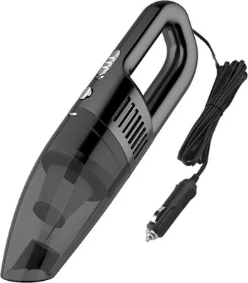 A black and gray handheld car vacuum cleaner with a power cord and car adapter is shown against a white background.