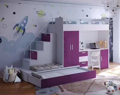 Produktbild von Etagenbett TOMI 5, Doppelstockbett Hochglanz Kinderbett Hochbett, OHNE Matraze und Lattenrost (Weiss + Violett)