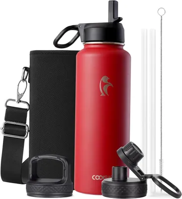 Produktbild von Trinkflasche, 1,2 Liter, mit Trinkhalm, aus Edelstahl, mit 3 Deckeln, rot, für den Sport
