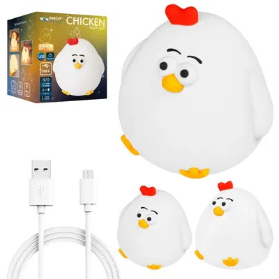 A collage of a chicken-shaped night light, its packaging, and charging cables.