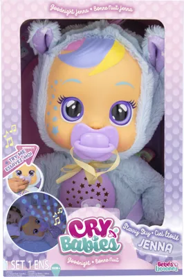 The image shows the packaging of a Cry Babies doll named Goodnight Jenna.