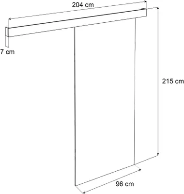 A technical drawing of a sliding door with dimensions indicated.