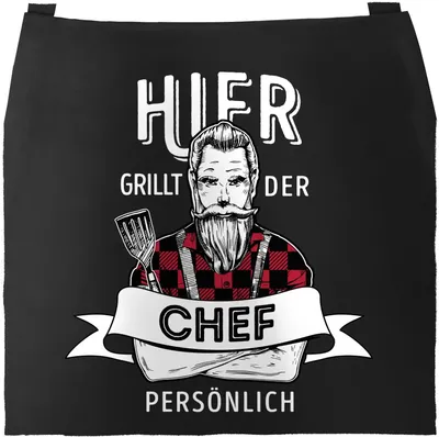 Produktbild von Grill-Schürze für Männer mit Spruch Hier grillt der Chef persönlich Spruch Hipster Grillen Baumwoll-Schürze Küchenschürze Moonworks® schwarz unisize