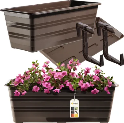 Produktbild von KADAX Blumenkasten mit Untersatz und Balkonkastenhalterung "Cati", aus Kunststoff, Blumentopf für Balkon, 40 cm, Braun