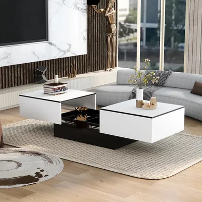 Image de MODFU Tables basses - Table Basse Rectangulaire Moderne avec Rangement et Plateau Coulissant, Panneaux de Particules, 102×60×40 cm, Blanc