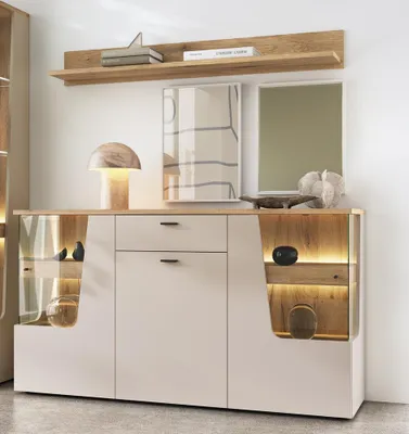 Produktbild von Esszimmer-Set mit Beleuchtung in Kaschmir und Eiche, 2-teilig - CARMONA-129