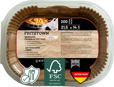 Produktbild von FRITZTOWN® Air Fryer Papier – 200 Stück, 21,5x14 cm Rechteckig| Antihaft Backpapier für Heißluftfritteusen | Kompatibel mit Ninja AF300EU AF400EU SL400EU AF500EU, Andere Heißluftfritteuse