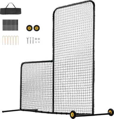 Obrázok produktu pre SucceBuy 7x7 ft softbalová bezpečnostná sieť, prenosná odpaľovacia sieť v tvare písmena L s taškou na prenášanie, kolieskami a kolmi do zeme, robustná ochrana pred nadhadzovaním pre odpaľovaciu klietku
