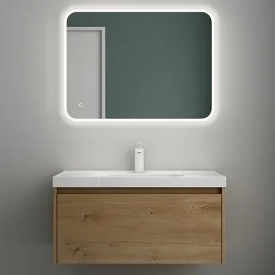 Produktbild von Mai & Mai Badmöbelset Badezimmermöbel Kerneiche Waschbeckenunterschrank 80 cm mit Waschschbecken aus Mineralguss und LED-Badspiegel Salerno