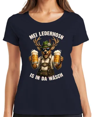 Produktbild von Mei Lederhosn is in da Wäsch Hirsch  Lederhose Dirndl Damen T-Shirt, Navy, S