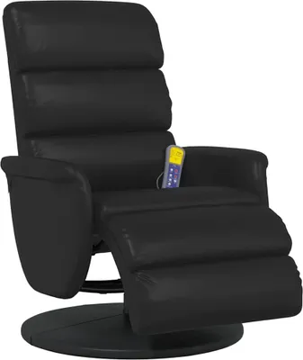A black massage chair with a footrest extended, shown from a three-quarter angle against a white background.