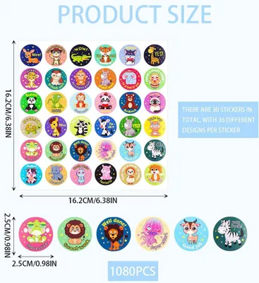 Obrázok produktu pre Samolepiace odmena nálepky, 1080 kusov, 36 motívov zvierat, 2,5 cm, vhodné do školy aj do domácnosti