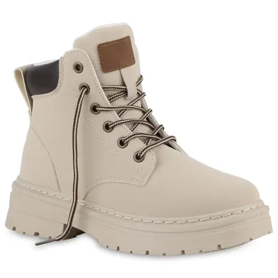 Produktbild von VAN HILL Damen Worker Boots Stiefeletten Bequeme Outdoor Plateau-Schuhe 840690, Farbe: Beige, Größe: 36