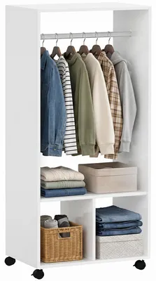 Image de HOMCOM Armoire à vêtements mobile, penderie, étagère pour chambre à coucher, blanche