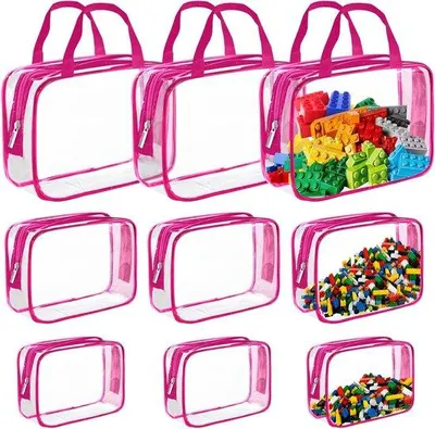 Image de Lot de 9 trousses de toilette de voyage transparentes en PVC, imperméables, incolores, transparentes, rose style A, trousses de toilette de voyage
