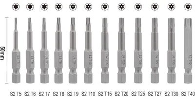 Productafbeelding van 12-delige set magnetische S2 staal T-profiel bits voor Torx schroevendraaiers, Torx maat T5-T40 met gat, 50mm lang, 1/4" aandrijving