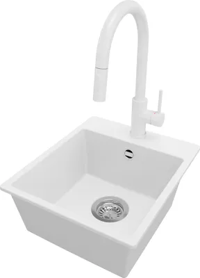 Produktbild von PRIMAGRAN Granitspüle Weiß 38x44cm, Spülbecken 1 Becken + Küchenarmatur 40x20cm + Ablauf-Set, Küchenspüle ab 40er Unterschrank - Riga Easy