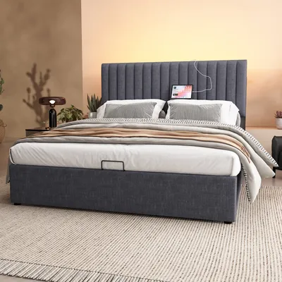 Produktbild von MODFU Boxspringbett Hydraulisches 140 x 200 cm mit LED-Beleuchtung und Verstellbares Kopfteil mit Stauraum, Polsterbett Funktionelles mit USB und Type C Ladeanschluss, Doppelbett Stauraumbett mit Bettkasten Stauraum, Leinenstoff Grau(Ohne Matratze)