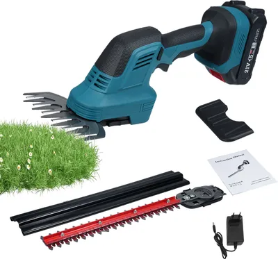 Produktbild von 2-in-1-Grasschere & Strauchschneider, 21 V, handgefuehrte elektrische Heckenschere & Rasentrimmer, Strauchschneider & Grasschneider fuer Gartenrasen mit 2,0 Ah Akku und Ladegeraet