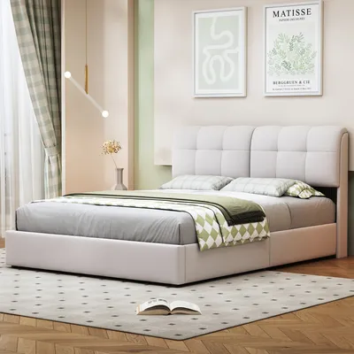 Immagine prodotto di letto 160x200 cm con rete a doghe LED, letto matrimoniale con rete a doghe e contenitore, velluto, bianco