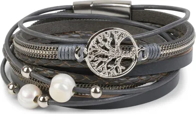 Produktbild von styleBREAKER Wickelarmband mit Perlen, Ketten, Flecht Element und Lebensbaum Anhänger, Magnetverschluss, Armband, Damen 05040070