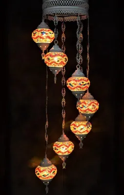 Zdjęcie produktu dla Lampa wisząca z zielonego szkła z kolorową mozaiką, orientalna lampa w stylu żyrandola, 7 szklanych kulek, wykonana ręcznie w Turcji