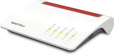 A white FRITZ!Box router with red accents and indicator lights.