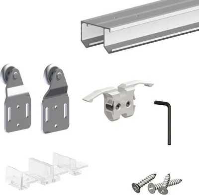 Produktbild von MANTION Schiebetürsystem 120 cm, Modell 110, für 2 Türen, 45 kg Tragkraft, Aluminium, Deckenmontage, Doppellaufschiene oben mit Bodenführung, Türstärke 16-40 mm, 52x32 mm Schienenprofil, für Schränke & Nischen, Innenbereich
