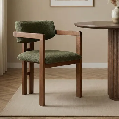 Produktbild von Skye Decor, Hochwertiger Stuhl mit Buchenrahmen, Polyester mit Chenille-Textur, 54 x 76 x 54 cm | Pflegeleichter Stoff, Holzbeine, Grün und Walnuss | Modernes Design für jeden Raum.