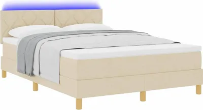 Imagen del producto de Cama con somier y colchón, color crema, 140 x 190 cm, tapizada en tela