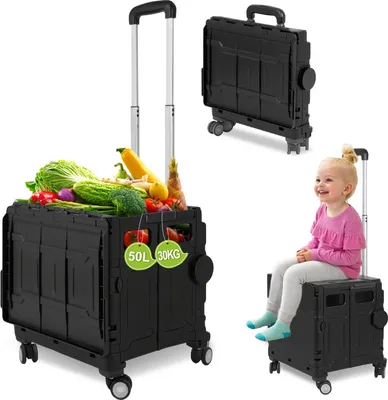 Produktbild von Izrielar Schwarz Leichter Falt-Einkaufswagen, 55kg Tragkraft, dreistufig höhenverstellbar, abnehmbare & leise Räder, Bremse