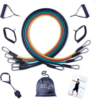 Obrázek produktu pro Sada s elastickými popruhy, Ryher Sports, maximální kombinovaný odpor 45 kg, 11 kusů, 5 x 126 cm, latex, vícebarevná, včetně tašky na přenášení