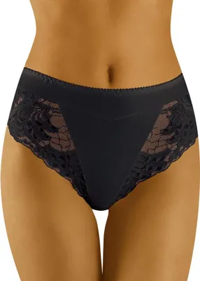A close-up shot of a woman's lower torso wearing black lace panties.