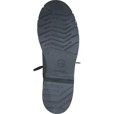The sole of a black boot is shown against a white background.