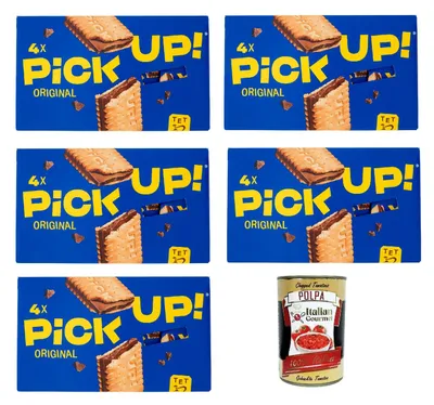 Produktbild von Pick Up Original ,Milchschokoladentafel im Doppelkeks, 5x 112g Packung, Jede Packung enthält 4 Kekse à 28g + Italian Gourmet Polpa di Pomodoro 400g Dose