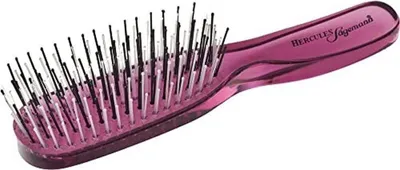 A purple hairbrush with black and silver bristles is shown against a white background.