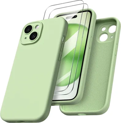 Produktbild von iPhone 15 Hülle mit Kameraschutz und Schutzfolien, flüssiges Silikon, stoßfest, 6.1 Zoll, grün