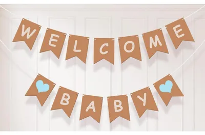 Image de Guirlande "Bienvenue Bébé" bleu avec des cœurs, idéale pour une fête de naissance et un anniversaire d'enfant