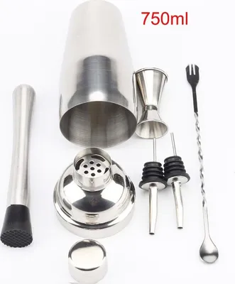 Image de lot de 6 shakers à cocktail en acier inoxydable de 750 ml Set de bar avec étagère en bois