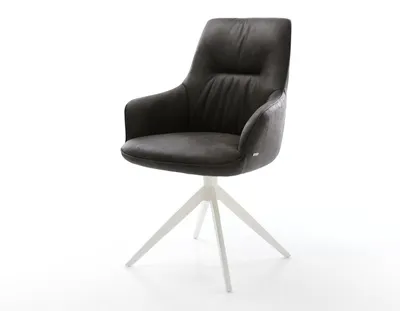 Produktbild von DELIFE Drehstuhl Zelia-Flex mit Armlehnen Mikrofaser Anthrazit Vintage Kreuzgestell breit Weiß 360° drehbar Wippfunktion Taschenfederkern