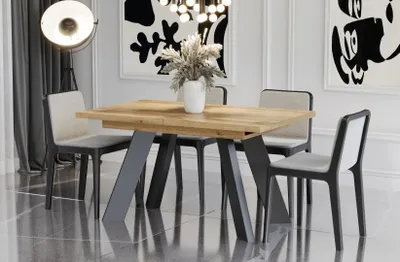 A dining room scene with a table and chairs.