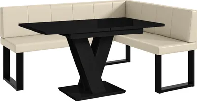 Produktbild von MEBLINI Eckbank für Esszimmer mit ausziehbarem Tisch  - Küchenbank - Essecke - Sitzecke Küche - PETER - U-Beine 128x168x87cm Rechts - Creme Kunstleder/M Schwarz Hochgl.