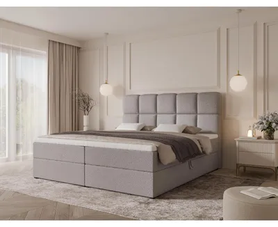 Produktbild von 160 cm Boxspringbett PUFFY mit gestepptem Kopfteil, Taschenfederkernmatratze H3/H4, 2 Bettkästen, Bouclé/Velvet, ohne Topper