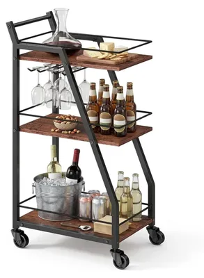 Zdjęcie produktu dla Wózek kuchenny Relaxdays, 3 półki, uchwyt na szklanki, styl industrialny, wózek kuchenny, wymiary 83 x 39 x 29 cm, wózek do serwowania, brązowo-czarny